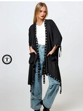 Black Eyelet-Trim Kimono Jacket with Pocket Details